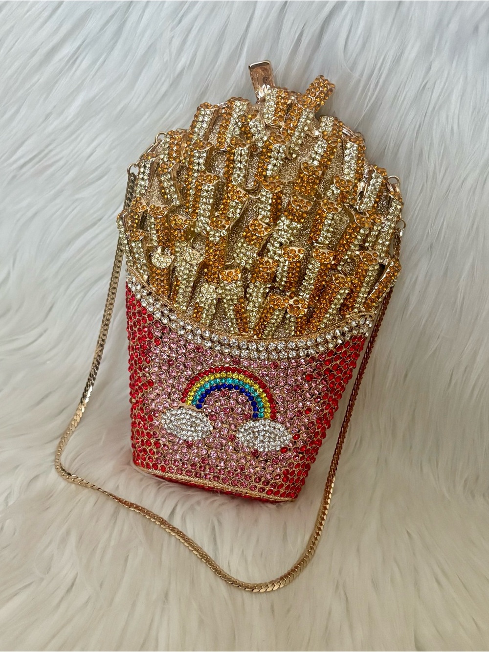 Couture Pink & Rainbow Design French Fries Crystal Novelty Clutch Purse